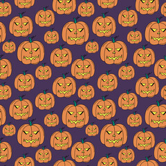 Halloween pattern. Doodle pumpkin lanterns. Colorful seamless background with autumn holiday symbols jack-o- lanterns. Halloween hand drawn elements. Vector illustration