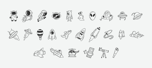 Set of cosmos vector. Icons of space elements black outline collection. Rocket, cosmonaut, telescope, alien. Vector illustration.