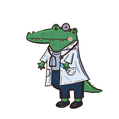 Cute alligator doctor, hand draw with transperent backgound. Element for decoration.