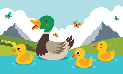 Obraz na płótnie Canvas Mother And Baby Ducks Swimming On Lake