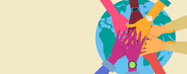 Stacking hands, friendship hands, stack of different people hands, intercultural communication, interethnic relations, politics of difference. Modern flat vector illustration horizontal.