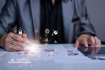 Businessman accessing the Cloud Computing Technology Internet Storage Network Concept And a large...