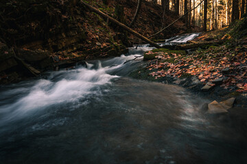Water flowing in the Kytserov riverbed through the rocks creates small cascades around the banks, which are covered with colourful autumn leaves. Autumn is coming. Stare hamry, Czech republic, Europe