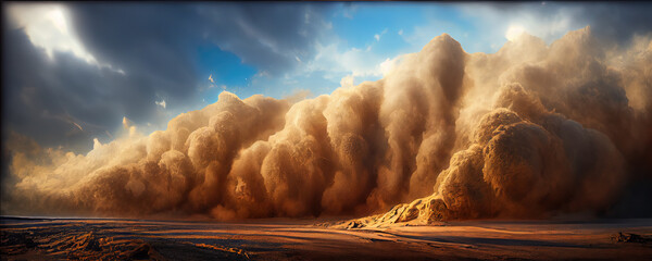 Dramatic sand storm in desert, thunderstorm, lightning. Abstract background. Digital art. - obrazy, fototapety, plakaty
