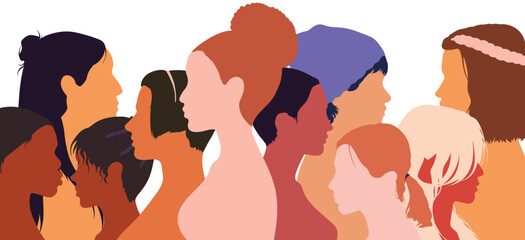 The Voice of Women. Women's social network community of diverse culture. Communication group of multicultural women facing racial, ethnic, and linguistic diversity. Flat cartoon vector illustration.