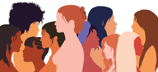 Anti-racism concept with a woman giving voice to other women. Profile of a woman with a group of multiethnic and multicultural women inside. Flat cartoon vector illustration.