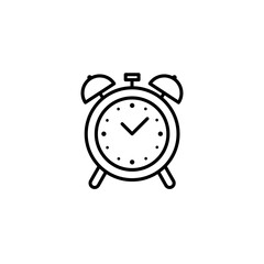 Alarm clock linear icon. Black outline pictogram. Desktop clock. Concept of get up early, timer, schedule. Vector illustration, flat design