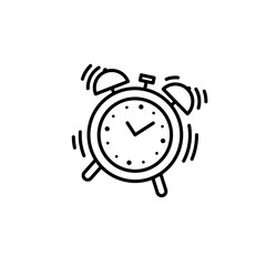 Alarm clock ringing minimalist icon. Black outline pictogram. Desktop clock. Concept of get up early, timer, schedule. Vector illustration, flat design