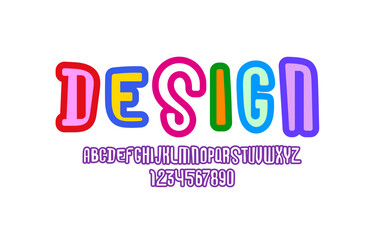 Playful font, kids alphabet, trendy modern letters and numbers, vector illustration 10EPS