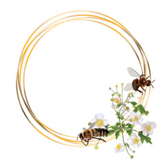 Watercolor gold frame with white wild flowers. Wild flowers and honey bees. Realistic illustration