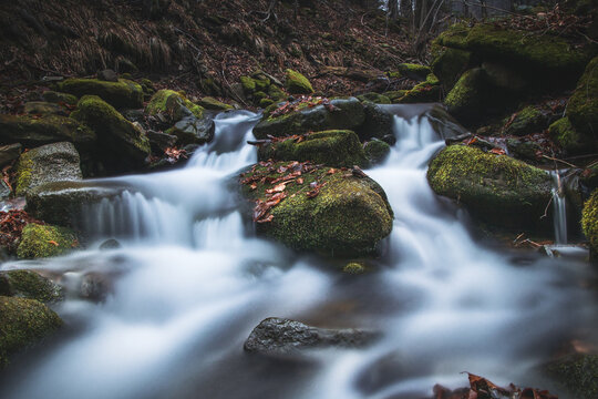 Frosty Waterfall Tosanovsky In Autumn Colours In A Beautiful Unforgiving Part Of The Beskydy Mountains In Eastern Czech Republic, Central Europe