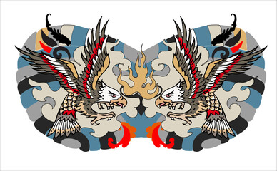Fototapeta na wymiar Eagle tattoo, Beautiful color Japanese on water splash background