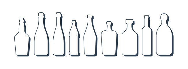 Set drinks in row. Alcoholic bottle. Vodka vermouth beer champagne whiskey rum tequila liquor wine. Simple shape isolated with shadow and light. Black white illustration. Flat design style