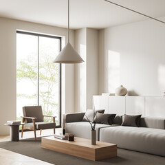 Light chill room interior with couch, chair and drawer, panoramic window