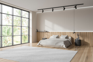 Light bedroom interior with bed and panoramic window, decoration. Mockup wall