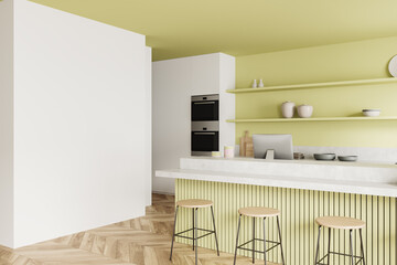 Bright cafe interior with countertop and pc computer, kitchenware. Mockup wall