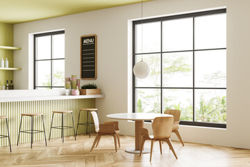 Corner view on modern bright cafe interior with panoramic window