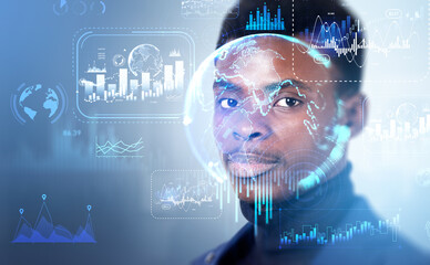 African businessman and glowing chart with data, lines and candlesticks