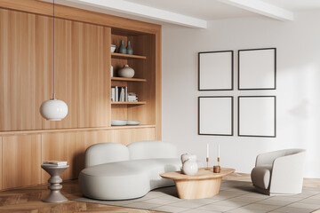 Obraz na płótnie Canvas Corner view on bright living room interior with four posters