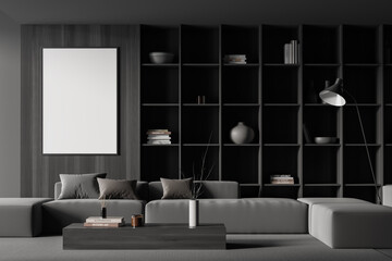 Grey chill room interior with couch and art decoration. Mockup frame