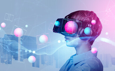 Businesswoman profile in vr glasses working in metaverse, skyscrapers