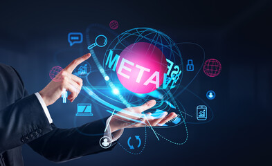 Businessman finger touch metaverse digital globe, business icons and virtual reality