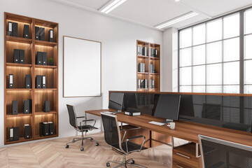 Light business interior with desktop computer and panoramic window. Mockup frame