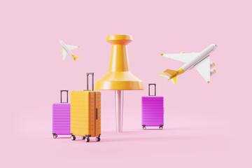 Suitcases with a large pin, flying airplanes. Concept of traveling