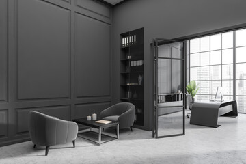 Grey office interior with work and relax zone, panoramic window