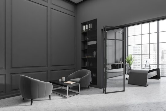 Grey office interior with work and relax zone, panoramic window