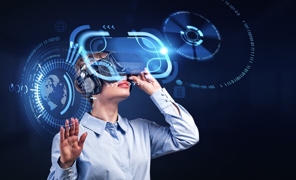 Businesswoman using vr headset in metaverse, online connection hologram