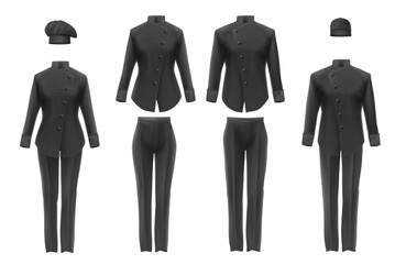 Realistic culinary clothing transparent icon set black tunic hats chef pants vector illustration