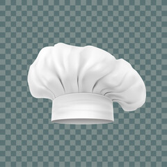 Chef hat, vector mockups. White baker toque realistic design of professional uniform headwear of restaurant and cafe kitchen staff on transparent background