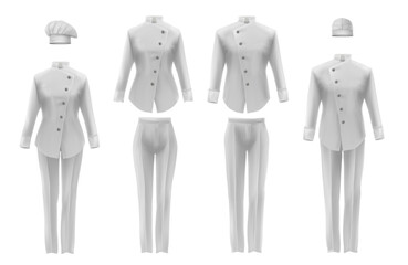 Realistic white mockup of culinary workwear clothing elements including headdress jacket trousers isolated vector illustration