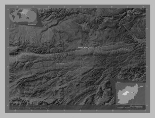Ghor, Afghanistan. Grayscale. Labelled points of cities