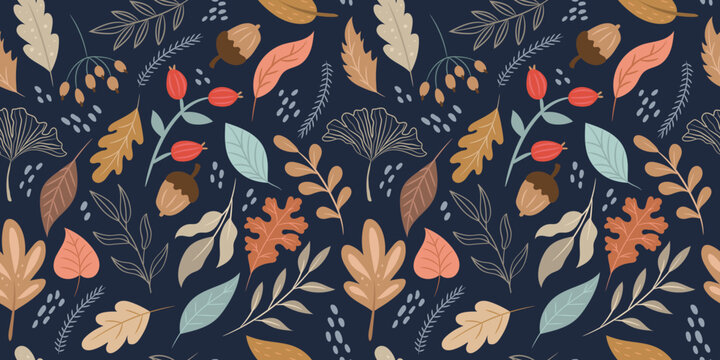 Seamless pattern on a blue background with autumn decor