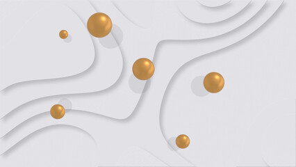 White abstract background with layer design. Golden sphere on backdrop