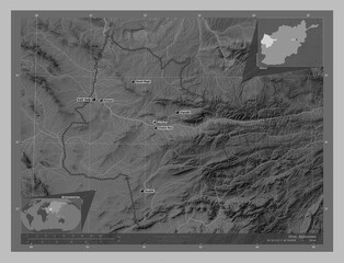Hirat, Afghanistan. Grayscale. Labelled points of cities