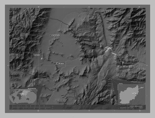 Kabul, Afghanistan. Grayscale. Labelled points of cities