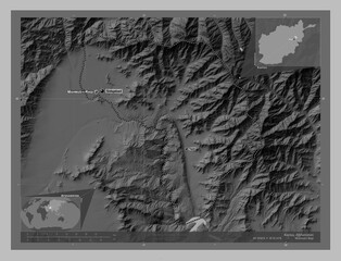 Kapisa, Afghanistan. Grayscale. Labelled points of cities