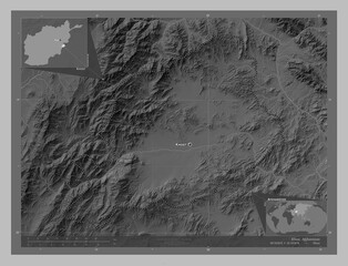 Khost, Afghanistan. Grayscale. Labelled points of cities