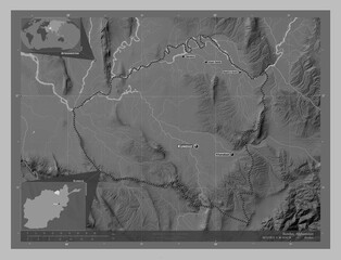 Kunduz, Afghanistan. Grayscale. Labelled points of cities
