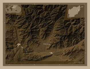 Laghman, Afghanistan. Sepia. Labelled points of cities