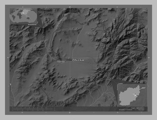 Logar, Afghanistan. Grayscale. Labelled points of cities