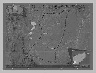 Nimroz, Afghanistan. Grayscale. Labelled points of cities
