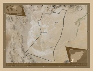 Nimroz, Afghanistan. Low-res satellite. Labelled points of cities