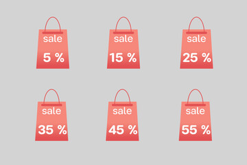Sale discount icons. Special offer stamp price signs. 5, 15, 25, 35, 45, and 55 percent off reduction symbols. Colour red gradient paper bag buttons. paper bag design concept. Vector