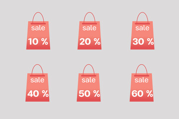Sale discount icons. Special offer stamp price signs. 10, 20, 30, 40, 50, and 60 percent off reduction symbols. Colour red gradient paper bag buttons. paper bag design concept. Vector