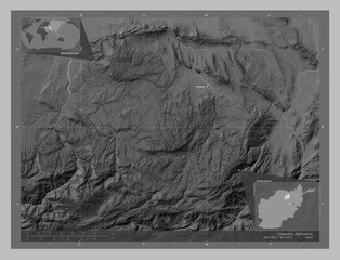Samangan, Afghanistan. Grayscale. Labelled points of cities