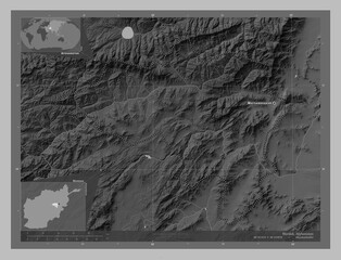 Wardak, Afghanistan. Grayscale. Labelled points of cities